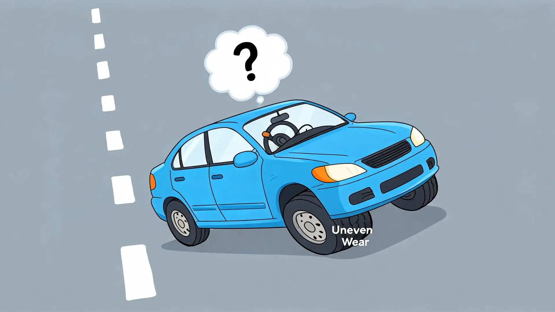 A cartoon blue car driving with uneven tire wear and a question mark symbol above it.