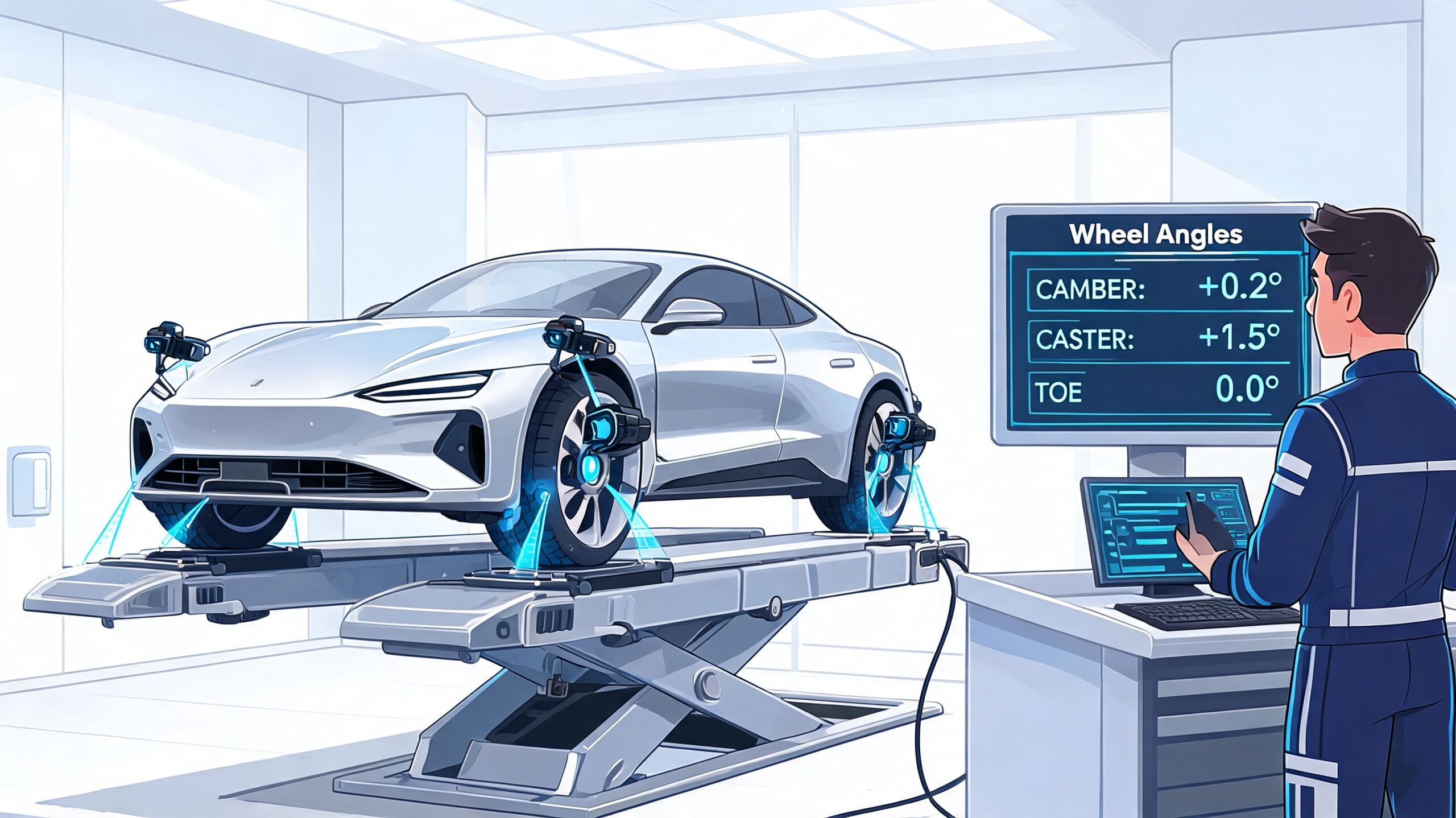 A technician using a computerized alignment system to measure the wheel angles of a sports car.