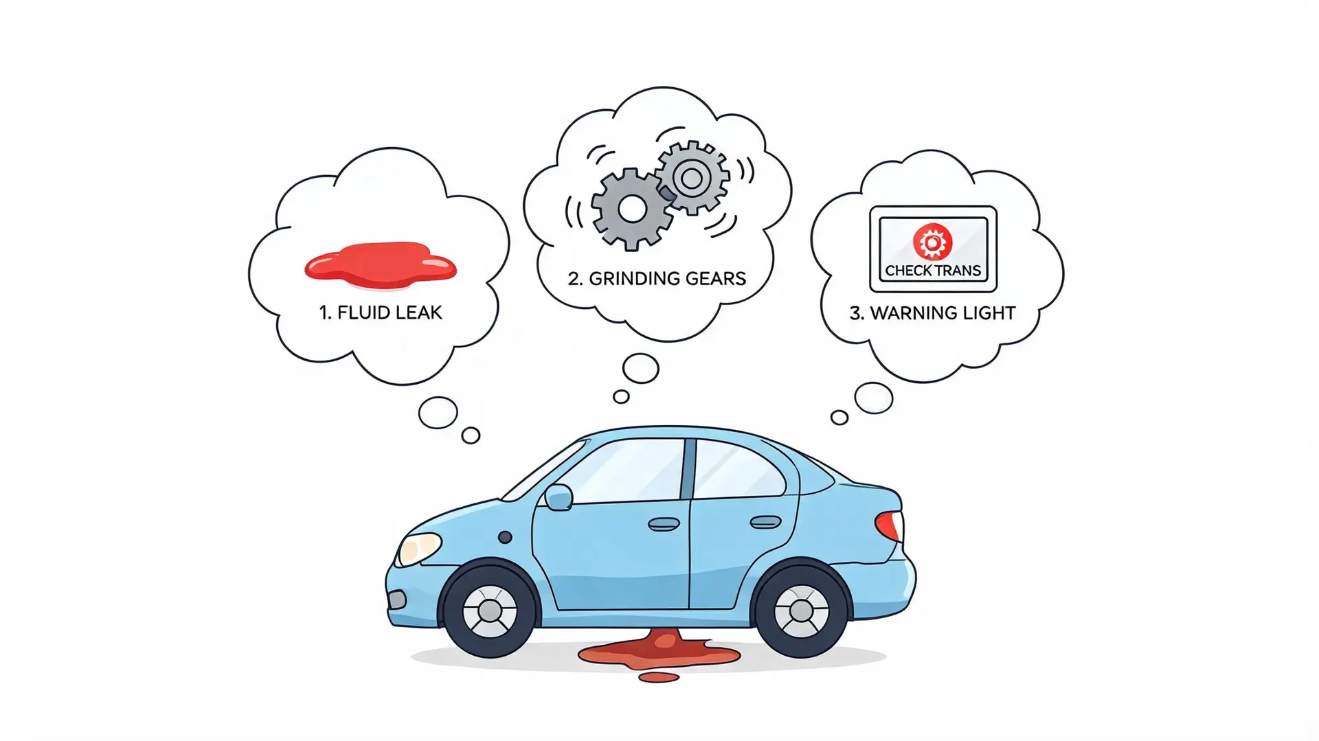 An illustration showing three common signs of transmission trouble: fluid leaks, grinding gears, and a dashboard warning light.