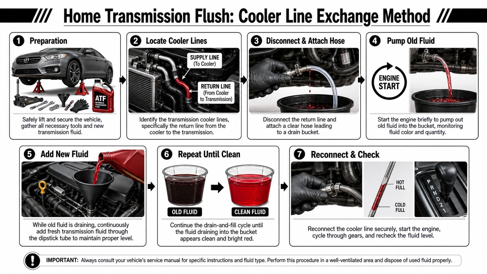 An infographic showing a step-by-step guide for performing a home transmission fluid flush using the cooler line method.