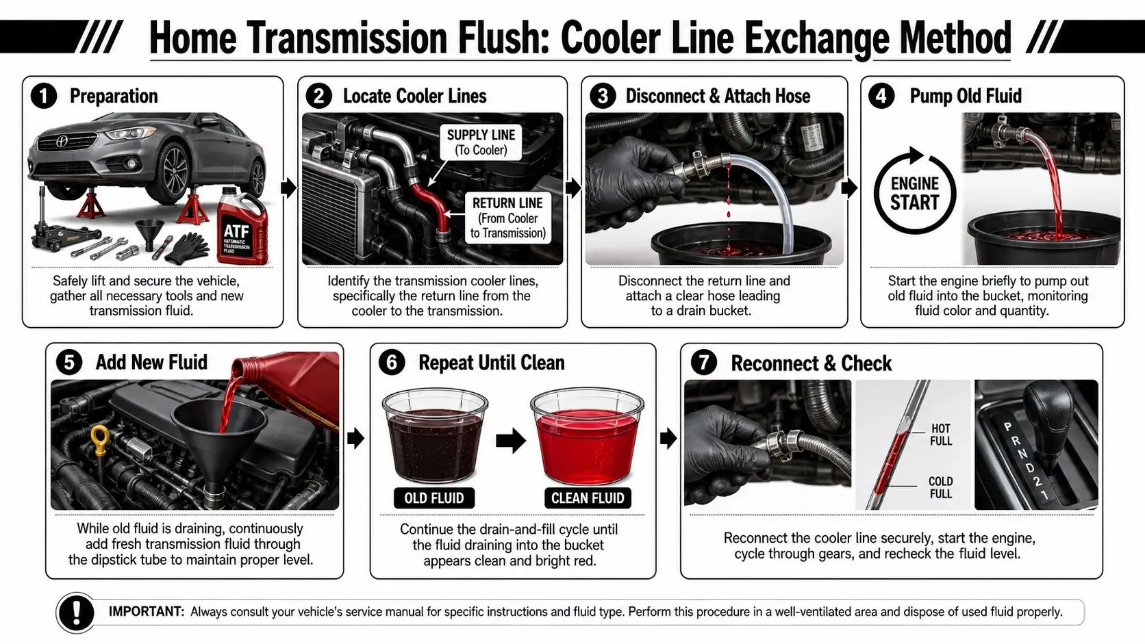 An infographic showing a step-by-step guide for performing a home transmission fluid flush using the cooler line method.