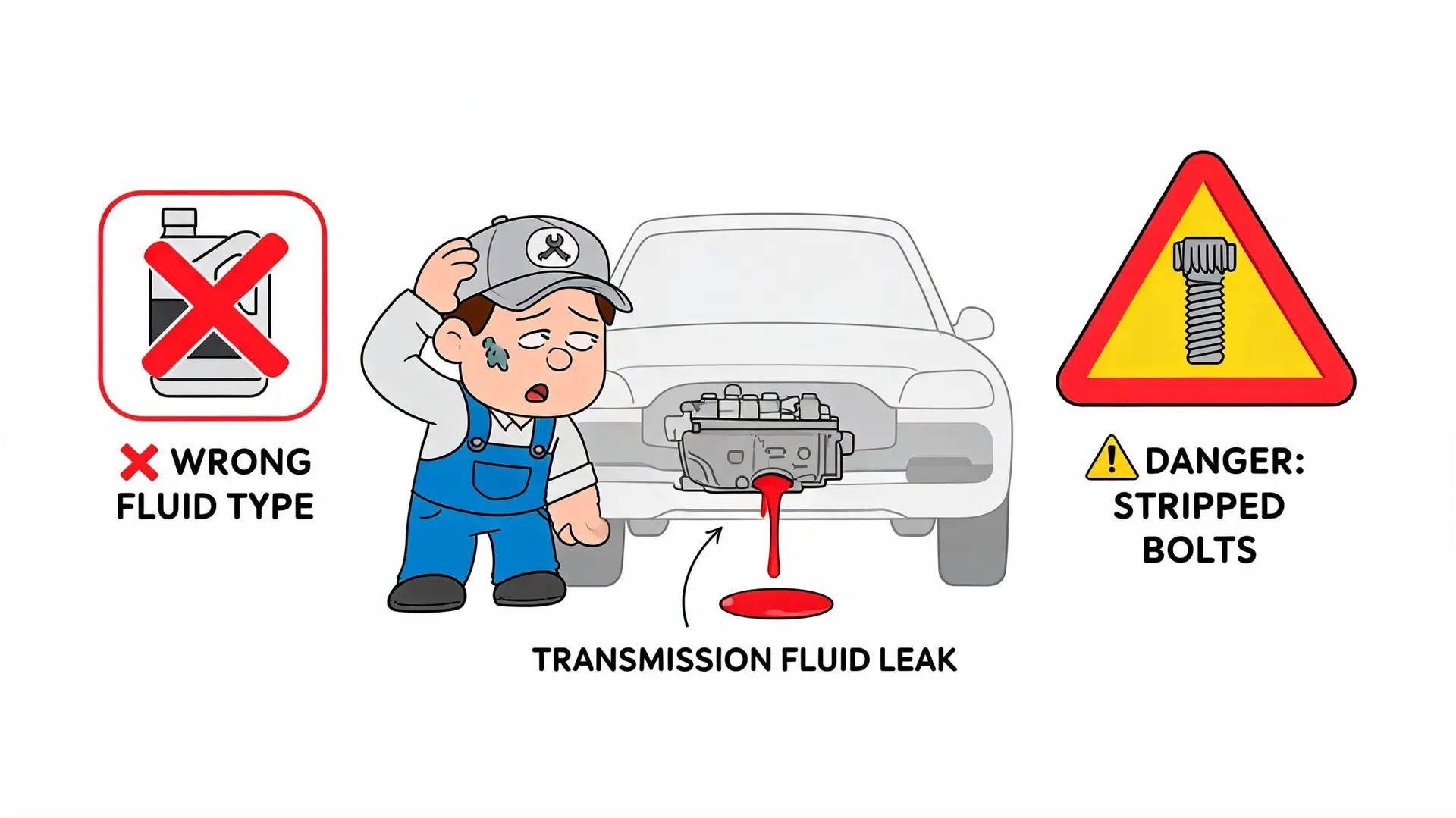 A confused mechanic standing next to a car with a transmission fluid leak, showing potential repair errors.