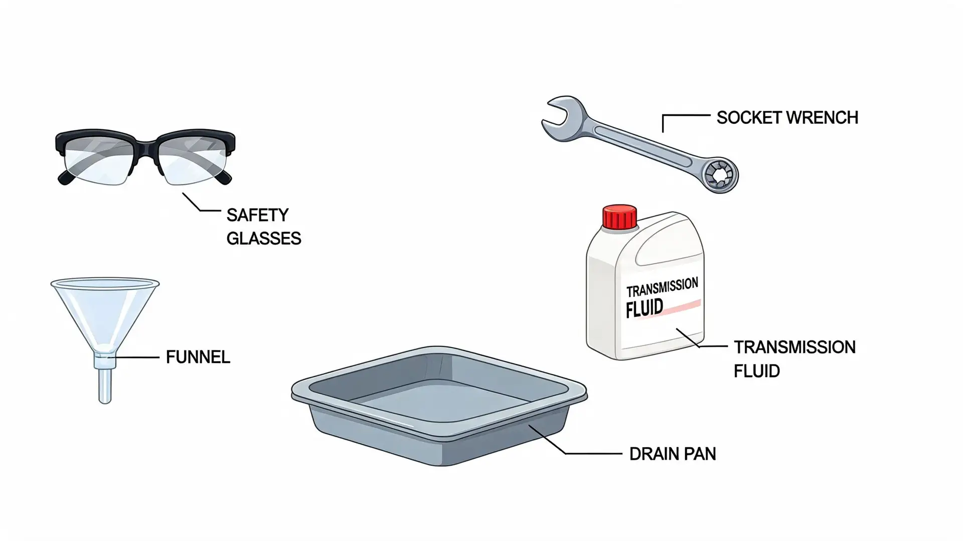 A collection of essential tools and supplies required for performing a vehicle transmission fluid flush procedure.