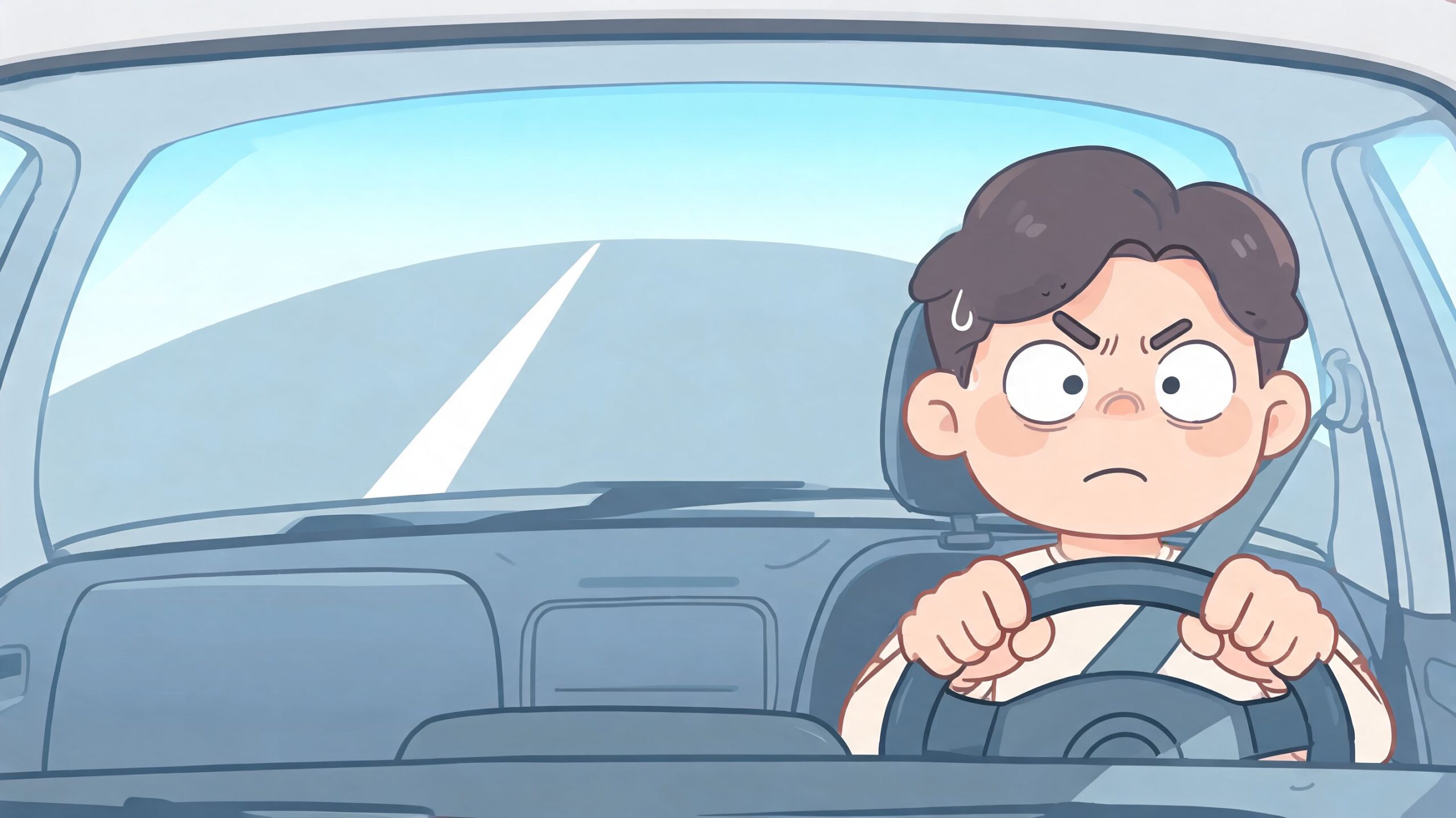 A focused and tense cartoon driver gripping the steering wheel while looking ahead through the car windshield.