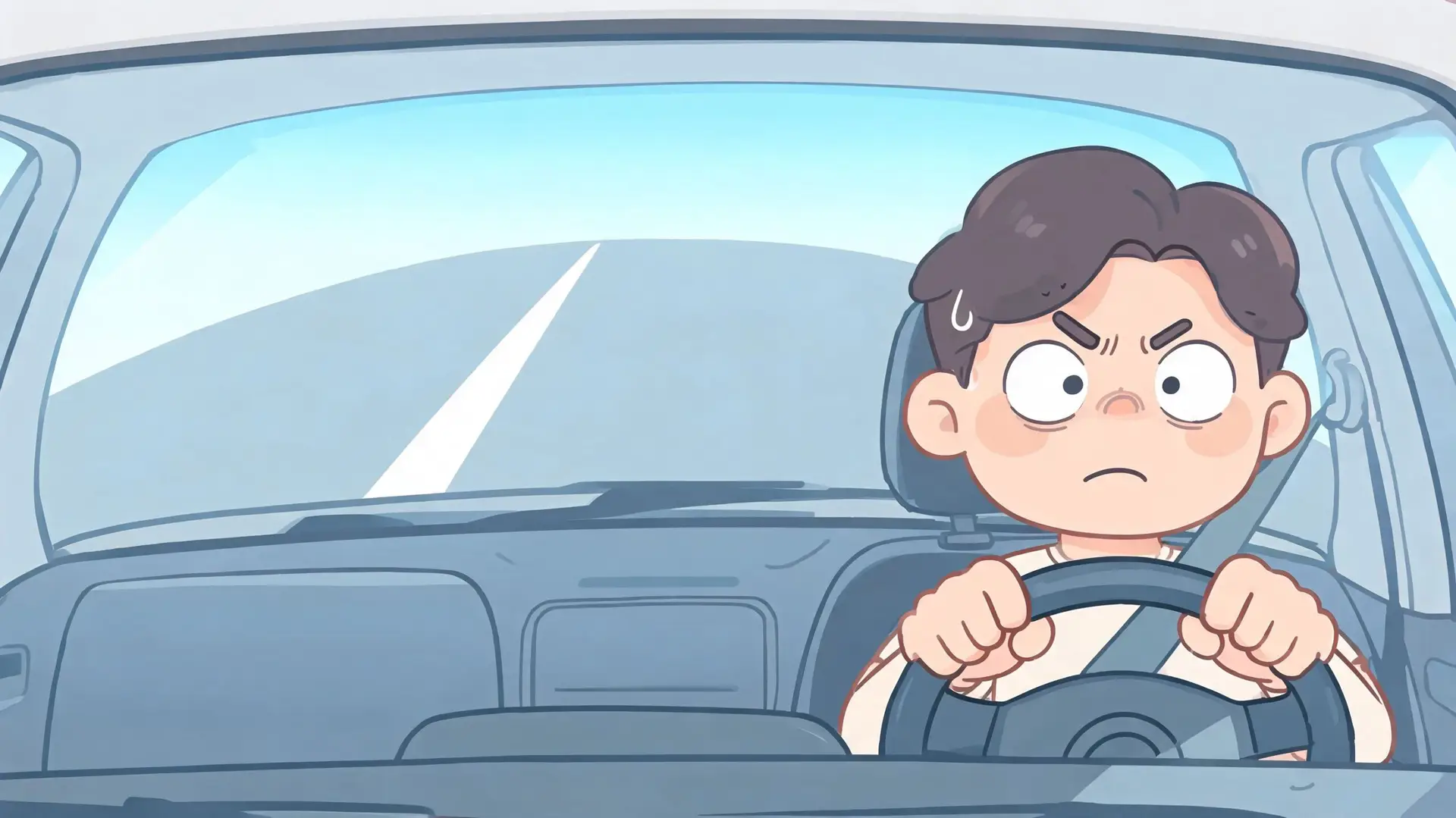 A focused and tense cartoon driver gripping the steering wheel while looking ahead through the car windshield.