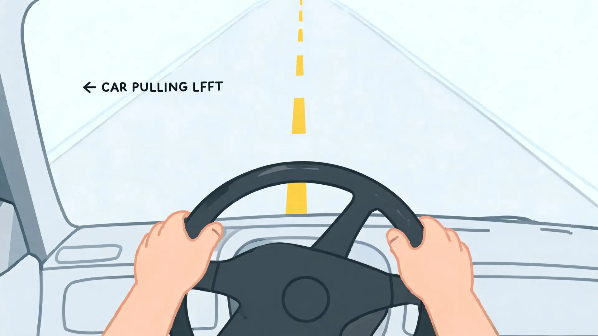 A first-person perspective of hands on a steering wheel with text indicating a car pulling left.