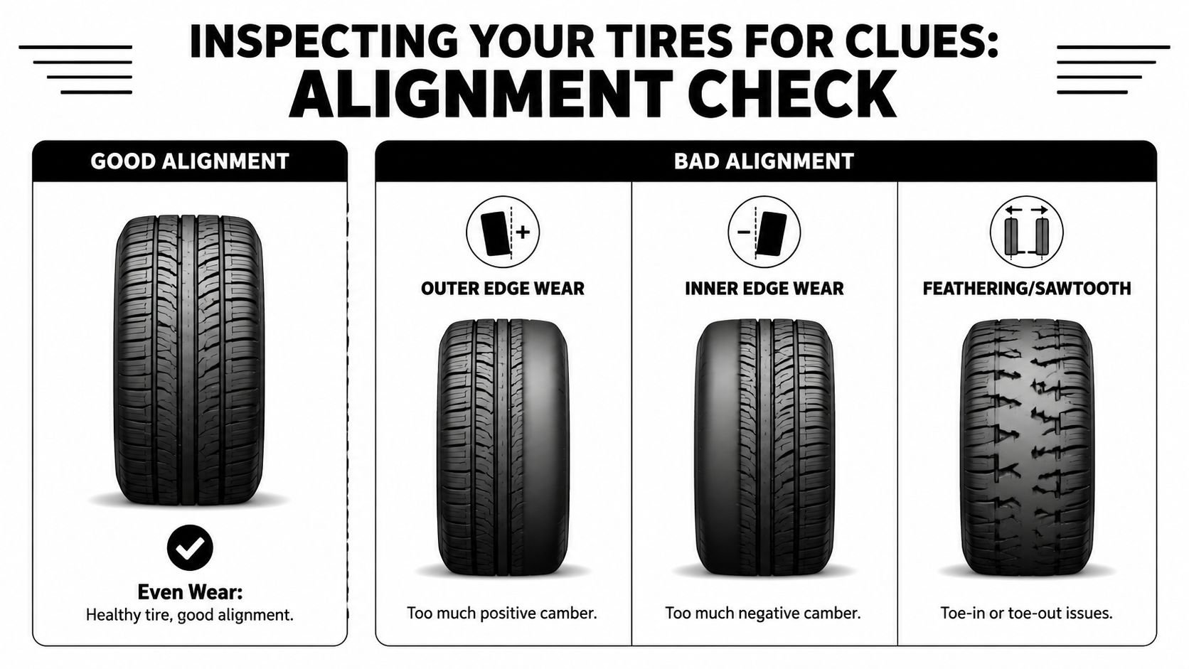 An infographic showing examples of good and bad tire wear patterns caused by vehicle alignment issues.