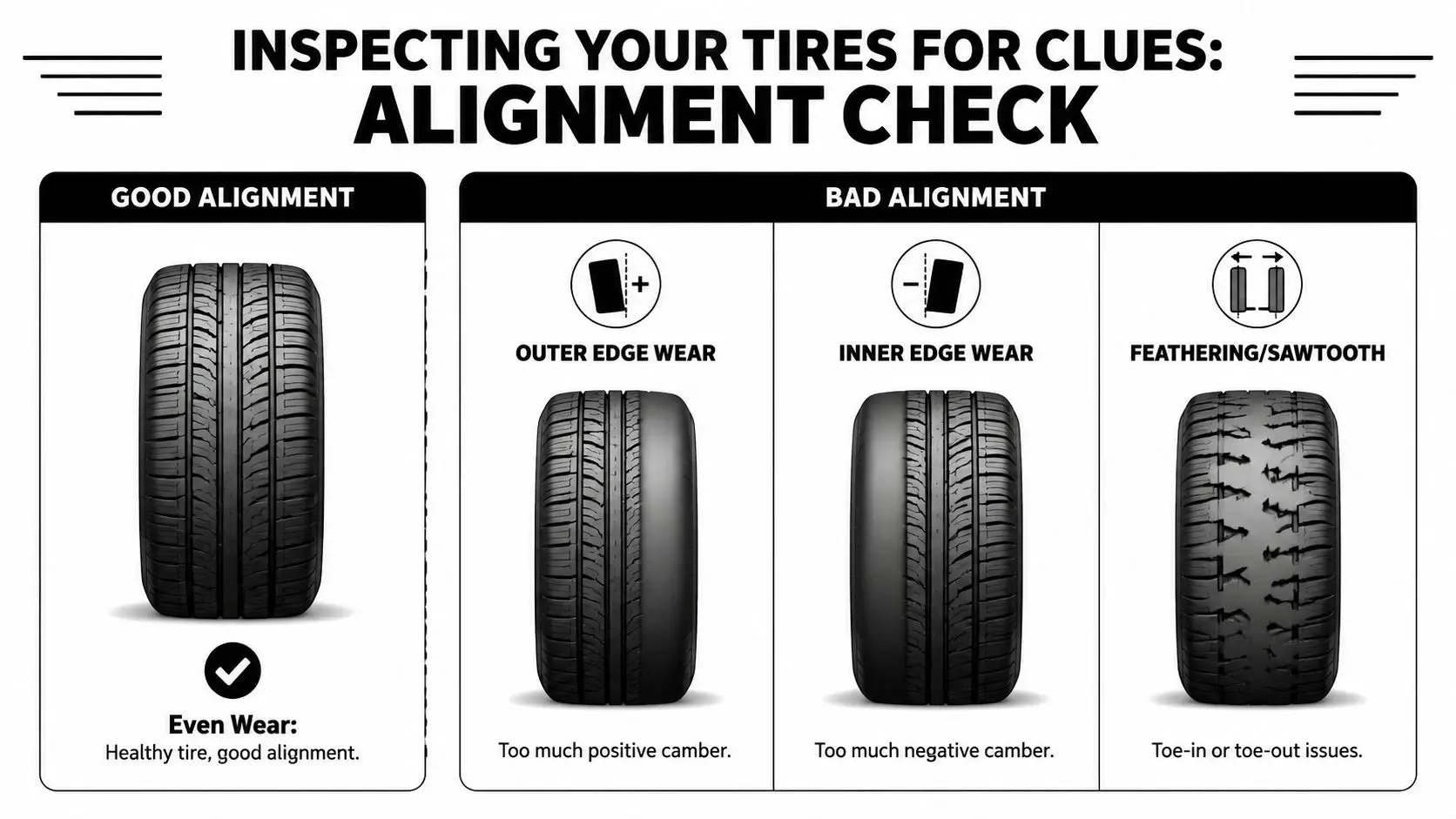 An infographic showing examples of good and bad tire wear patterns caused by vehicle alignment issues.
