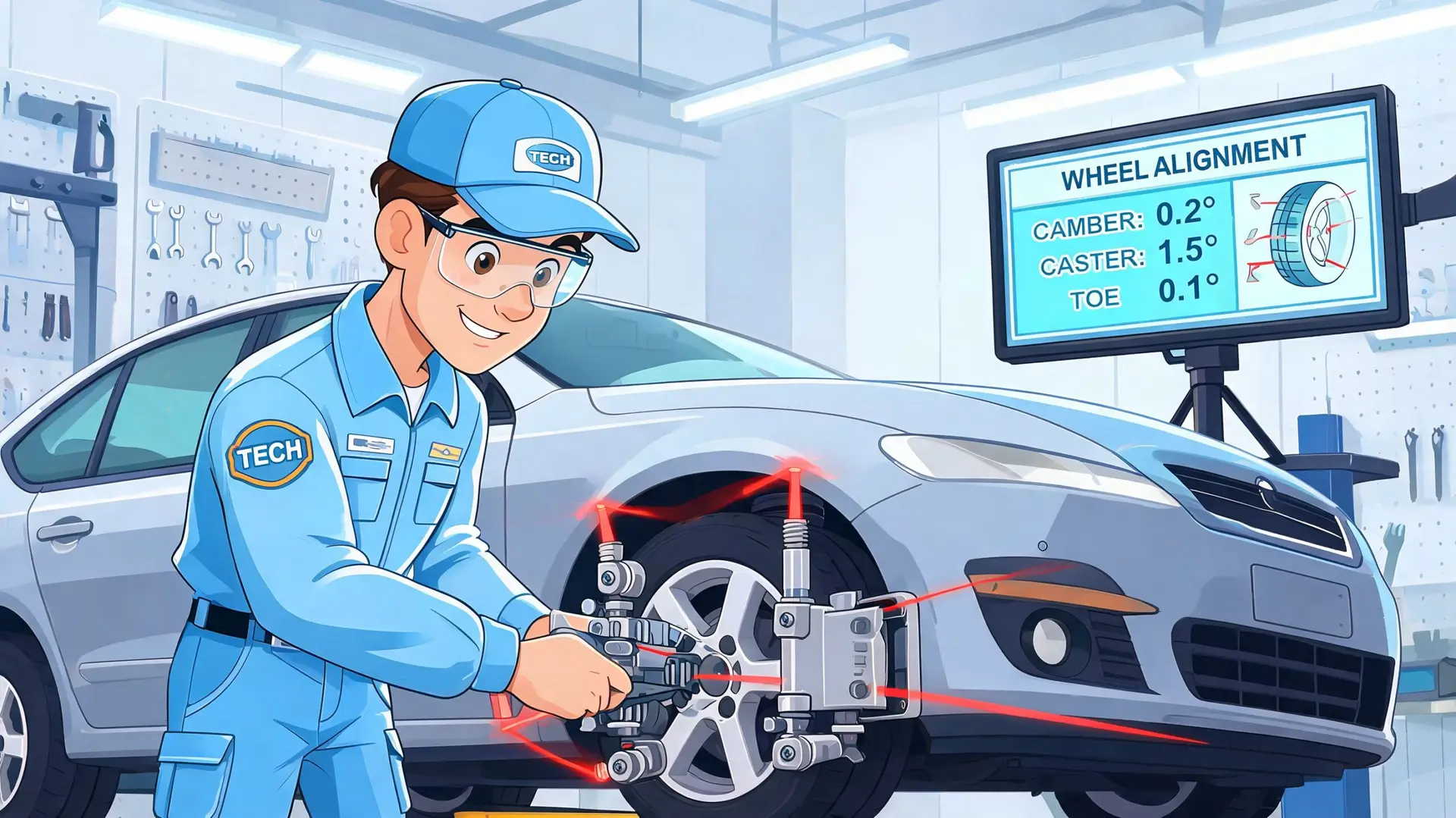 A professional mechanic in a garage using a laser alignment tool to check car wheel alignment settings.