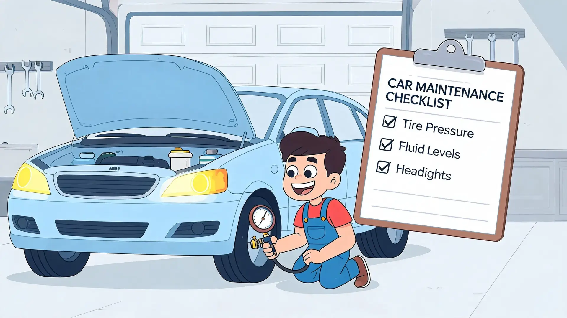 A cheerful cartoon mechanic checking tire pressure in a garage with a car maintenance checklist nearby.