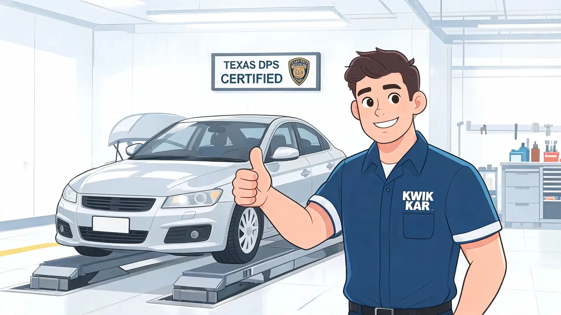 A friendly mechanic in a Kwik Kar uniform giving a thumbs up in front of a car.