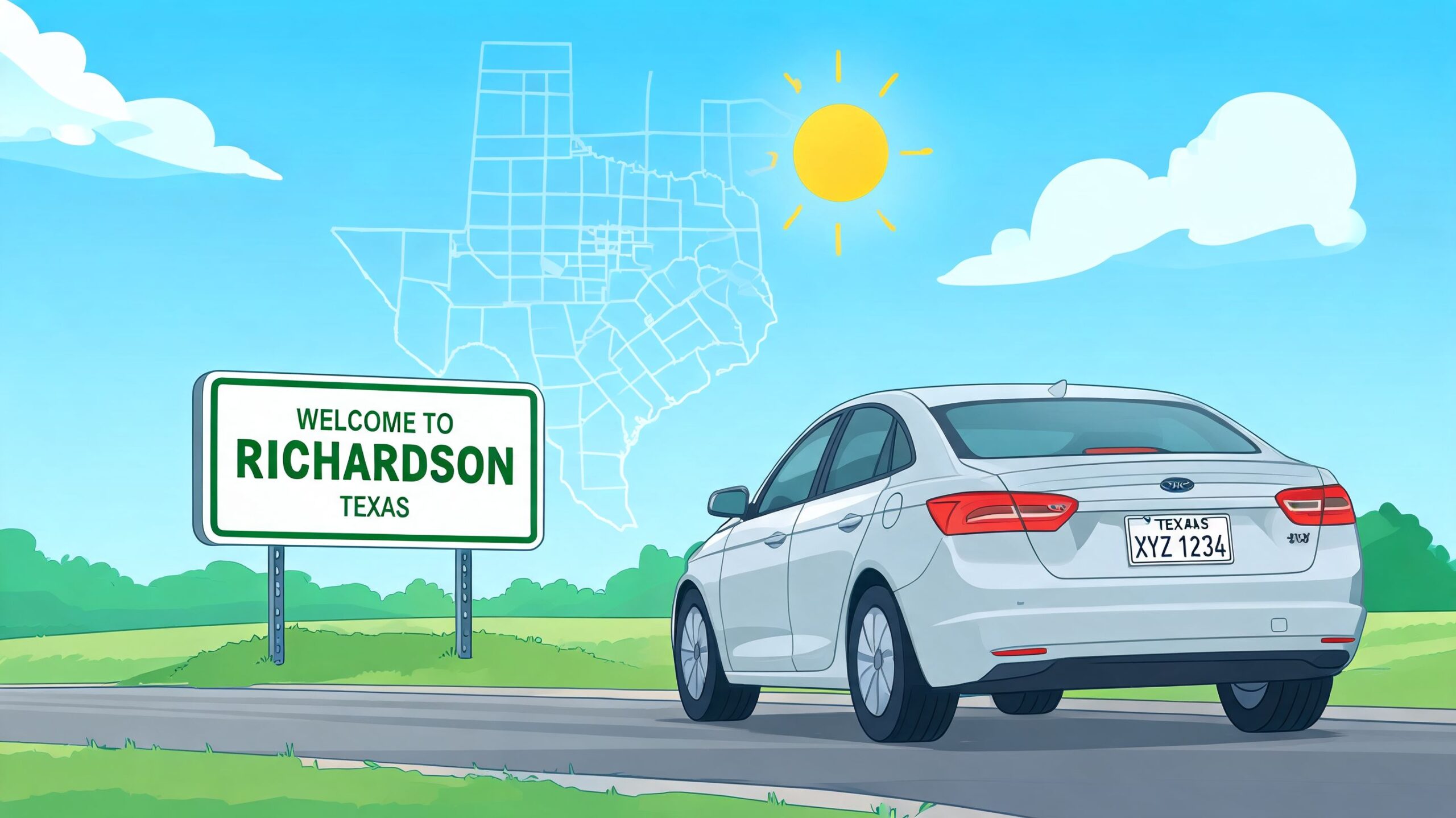 A silver sedan drives past a welcome sign for Richardson, Texas, under a bright sunny sky.