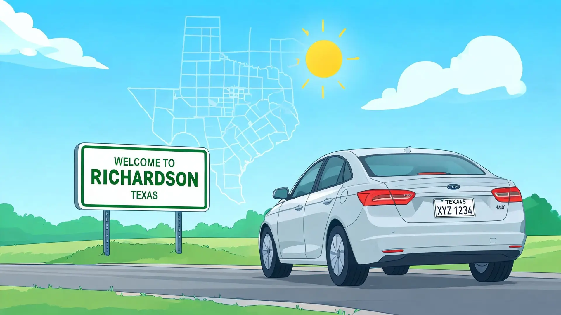 A silver sedan drives past a welcome sign for Richardson, Texas, under a bright sunny sky.