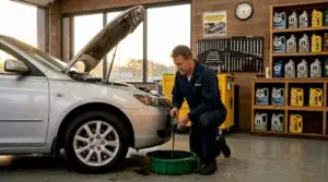Mechanic changing motor oil in repair shop