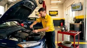 Technician performing oil change on car