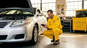 Mechanic inspecting car with OBD-II scanner in garage