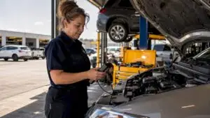 Technician diagnosing car in service bay