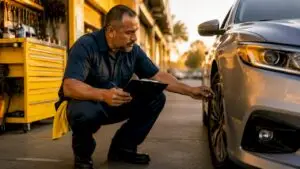 Mechanic inspecting car tire in garage