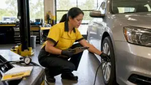 Mechanic checking car tire pressure indoors