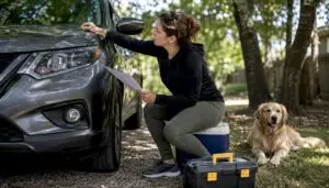 Person inspecting vehicle with checklist outdoors