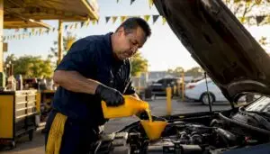 Mechanic preparing to change engine oil in garage
