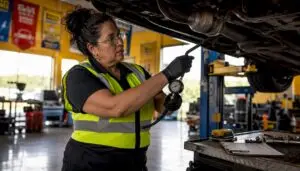 State inspector examining car emissions in garage