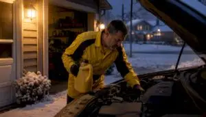 Mechanic preparing to change car oil in a cold garage