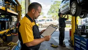 Auto shop manager reviewing CARFAX report