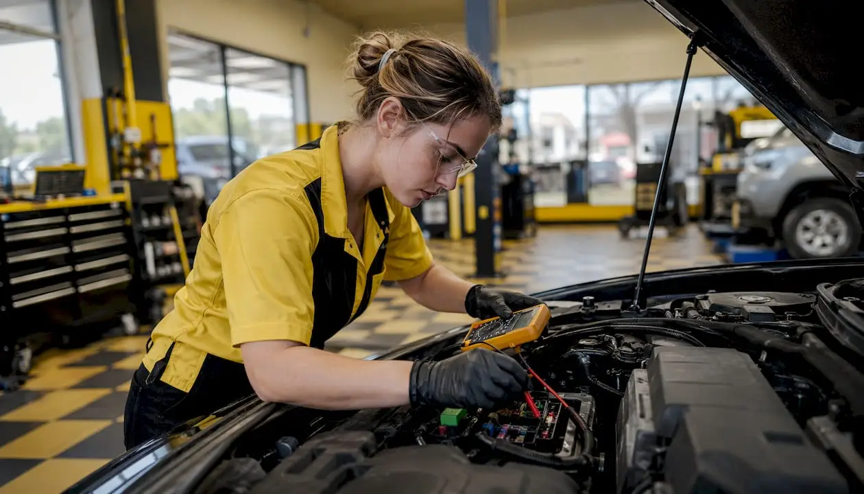 Auto technician inspecting car engine