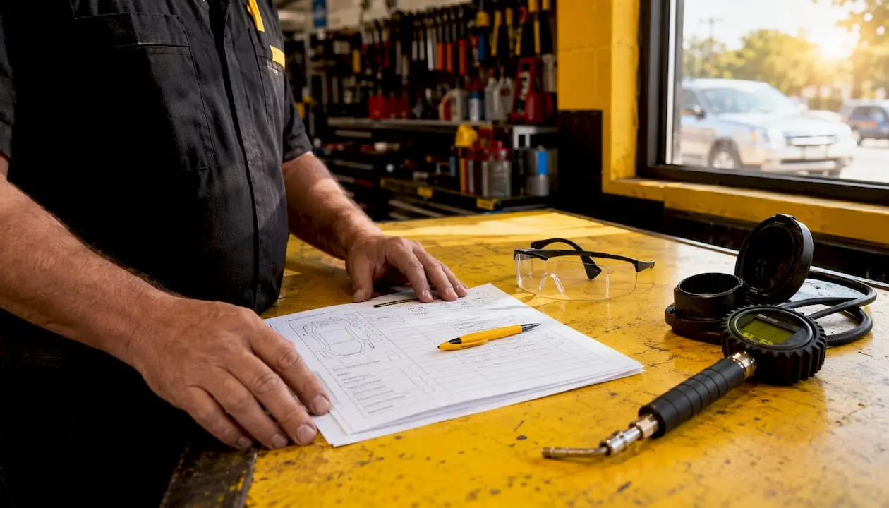 Pre-inspection checklist and automotive tools on counter