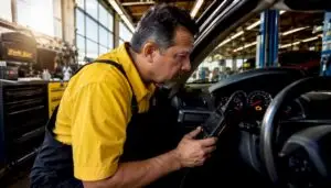 Mechanic using scanner to check engine warning light