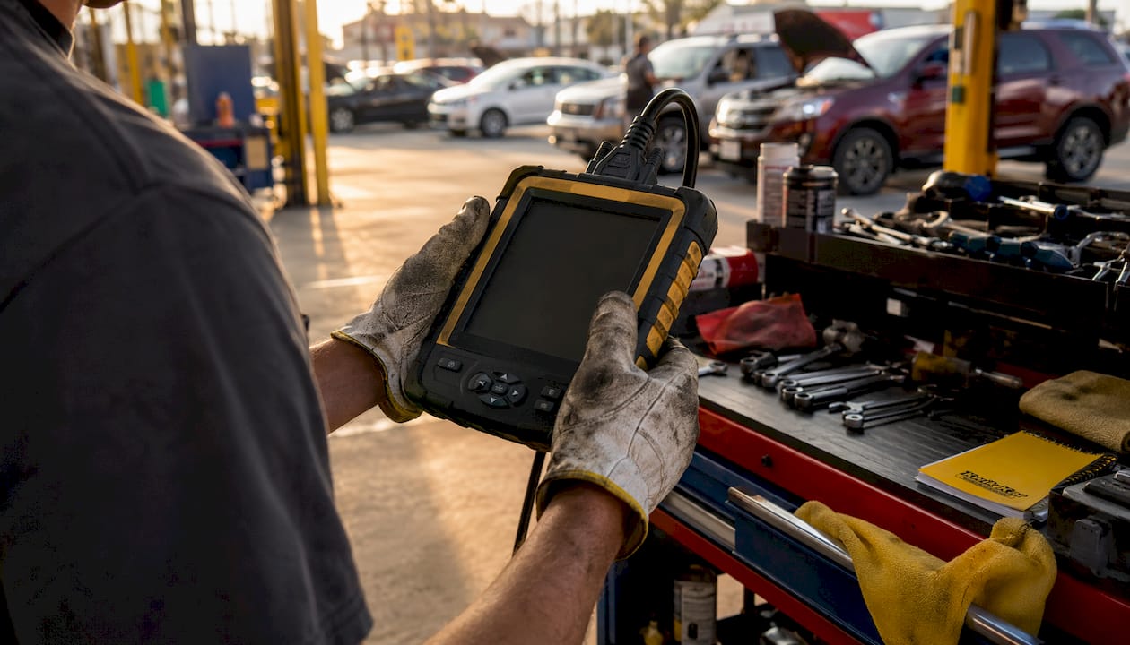 Technician hands holding OBD-II diagnostic scanner