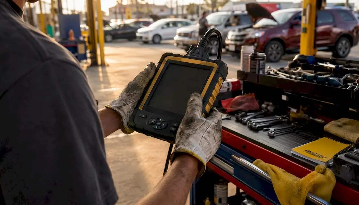 Technician hands holding OBD-II diagnostic scanner