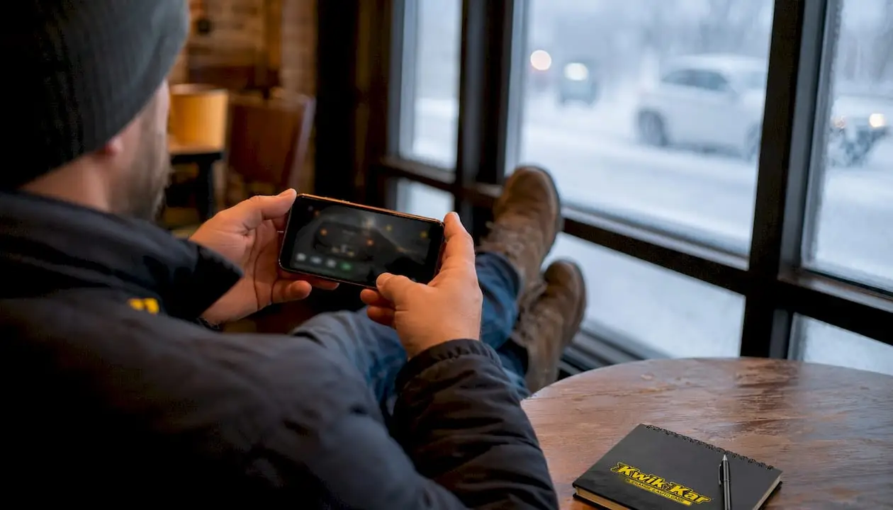Man holding phone showing TPMS alert inside winter car interior