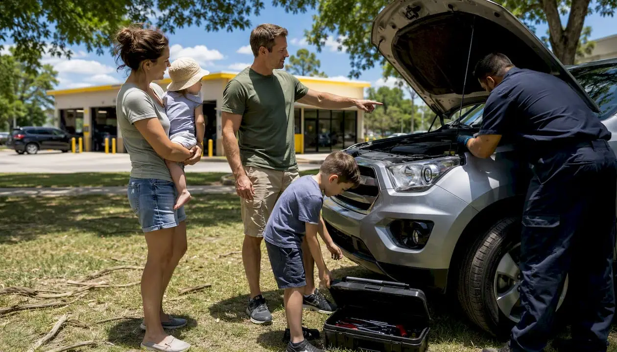 Military family with technician at auto service center
