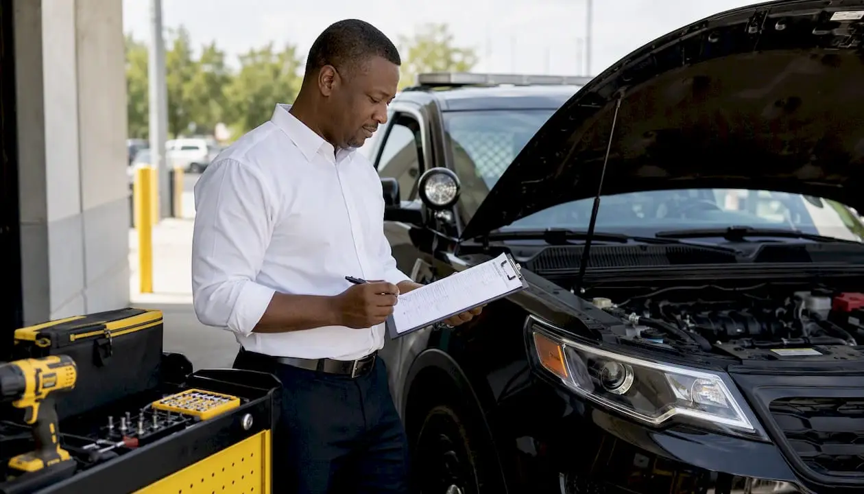 Service advisor inspecting police SUV transmission