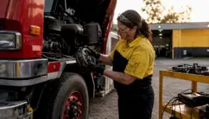 Mechanic servicing fire truck transmission