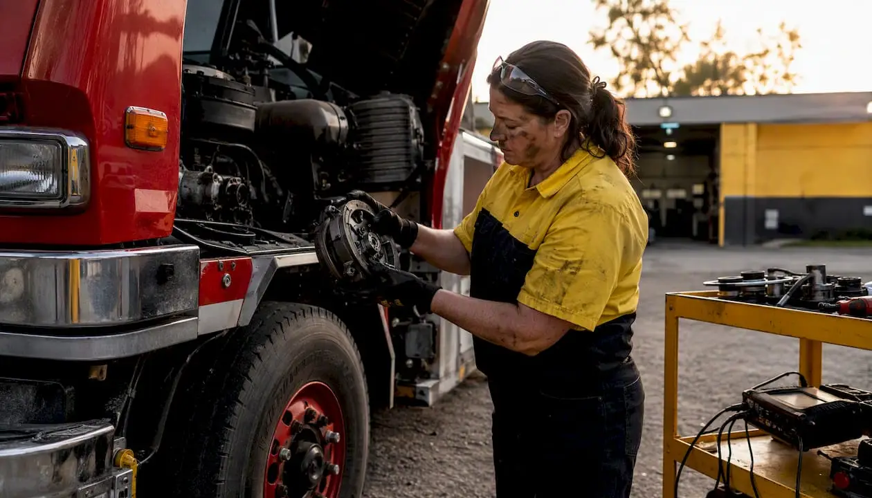Mechanic servicing fire truck transmission
