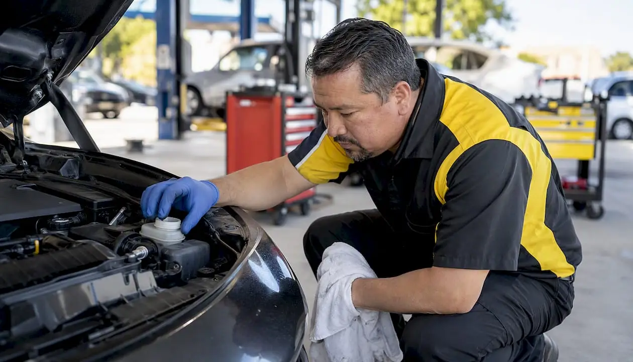 Mechanic inspecting car brake fluid reservoir