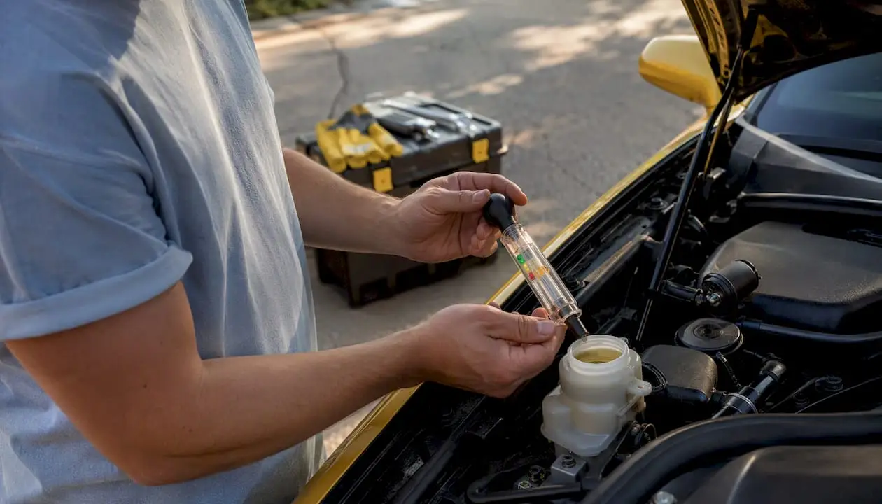 Hands checking brake fluid condition in car hood