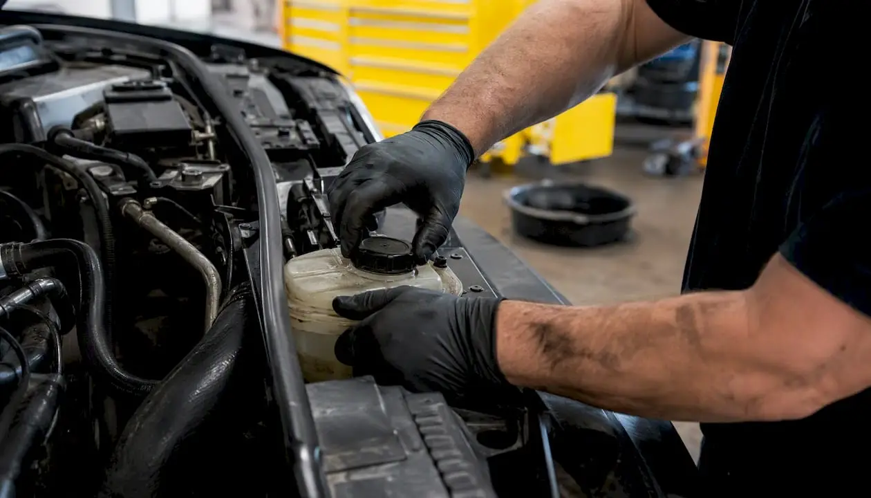 Hands removing coolant reservoir cap in car engine bay
