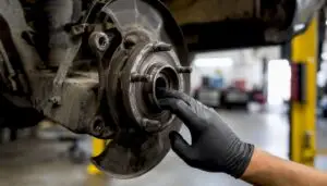Mechanic inspecting wheel bearing close-up