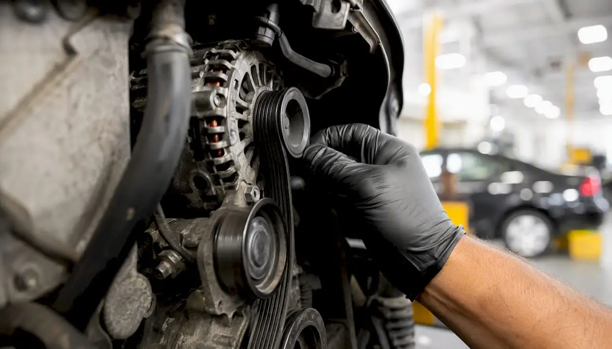 Technician checking alternator serpentine belt
