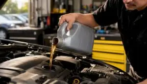 Technician pouring engine oil in service garage