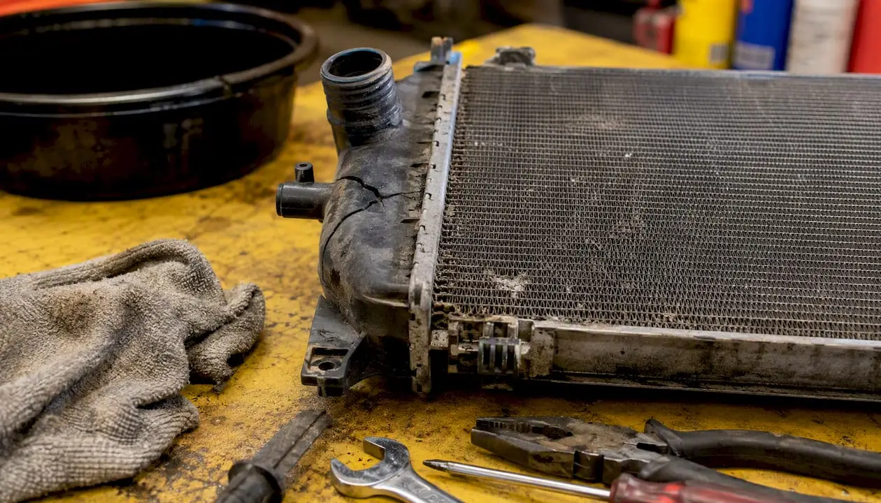 Worn radiator core with cracked plastic tanks