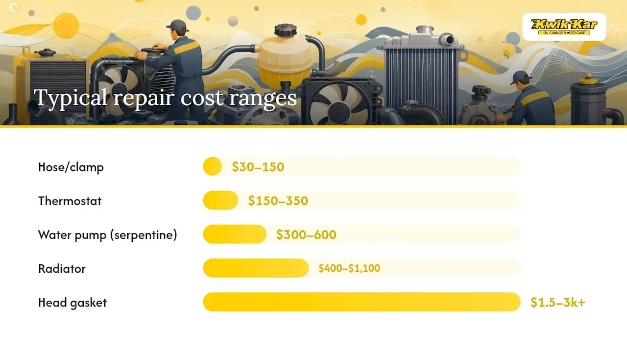 Comparison of cooling system repair types with symptoms, urgency, cost and DIY suitability
