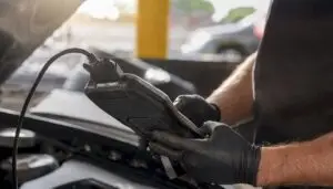 Technician hands holding scan tool during emissions readiness check
