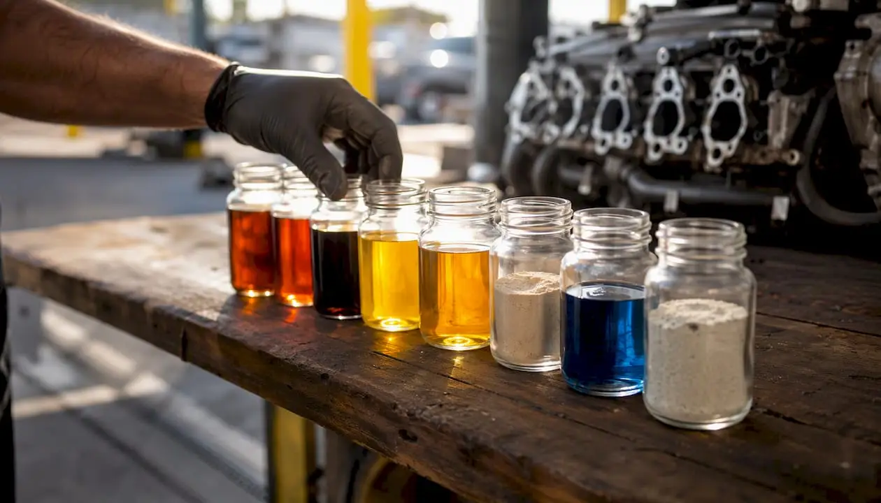 Containers of various engine oil additive chemicals