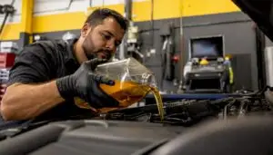 Technician pouring synthetic motor oil in service bay