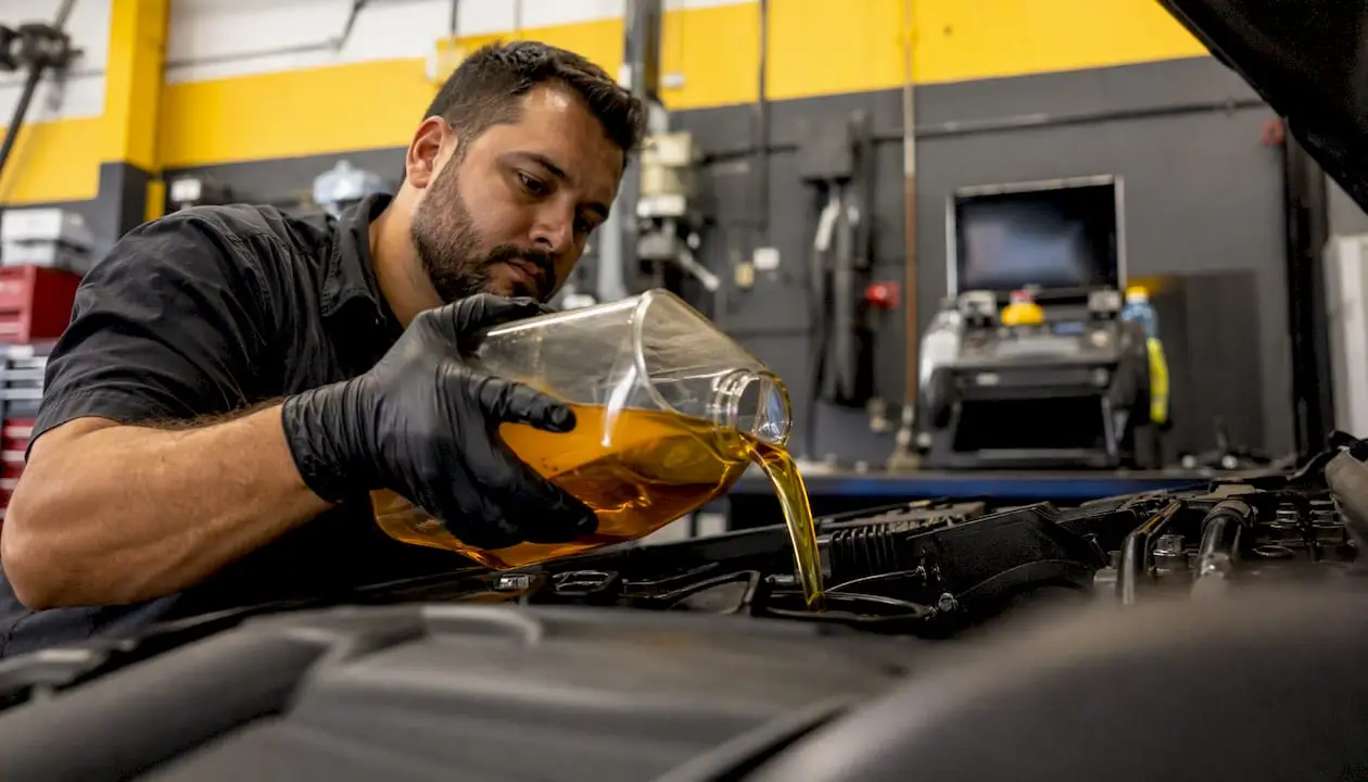 Technician pouring synthetic motor oil in service bay